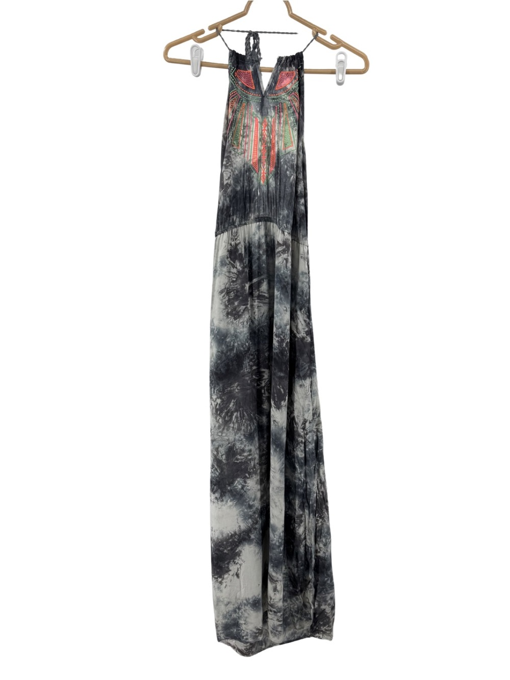 Flying Tomato halter open back Maxi Dress Gray Tie-Dye neon embroidered M summer